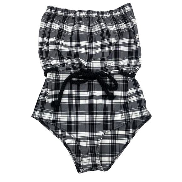 Liza Marie Fernandez Strapless Checked Belted Swimsuit 4 Tie Waist Bandeau NWT - Picture 2 of 8